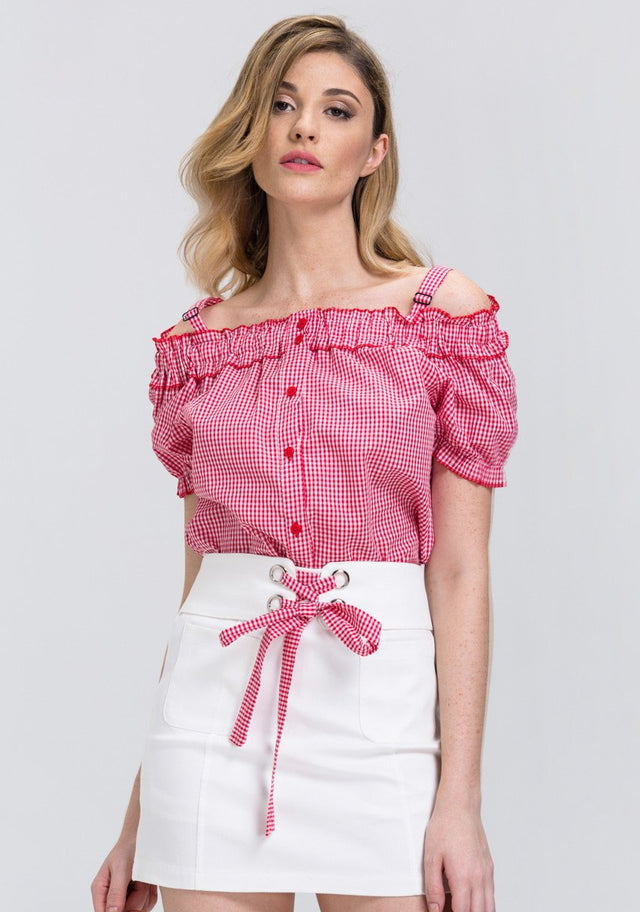 Red Gingham Button Up Top and White Skirt 2 piece set Set