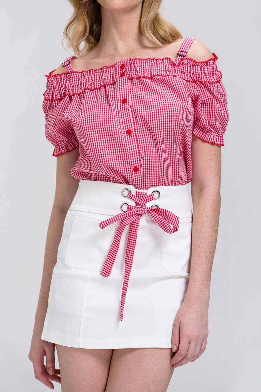 Red Gingham Button Up Top and White Skirt 2 piece set Set