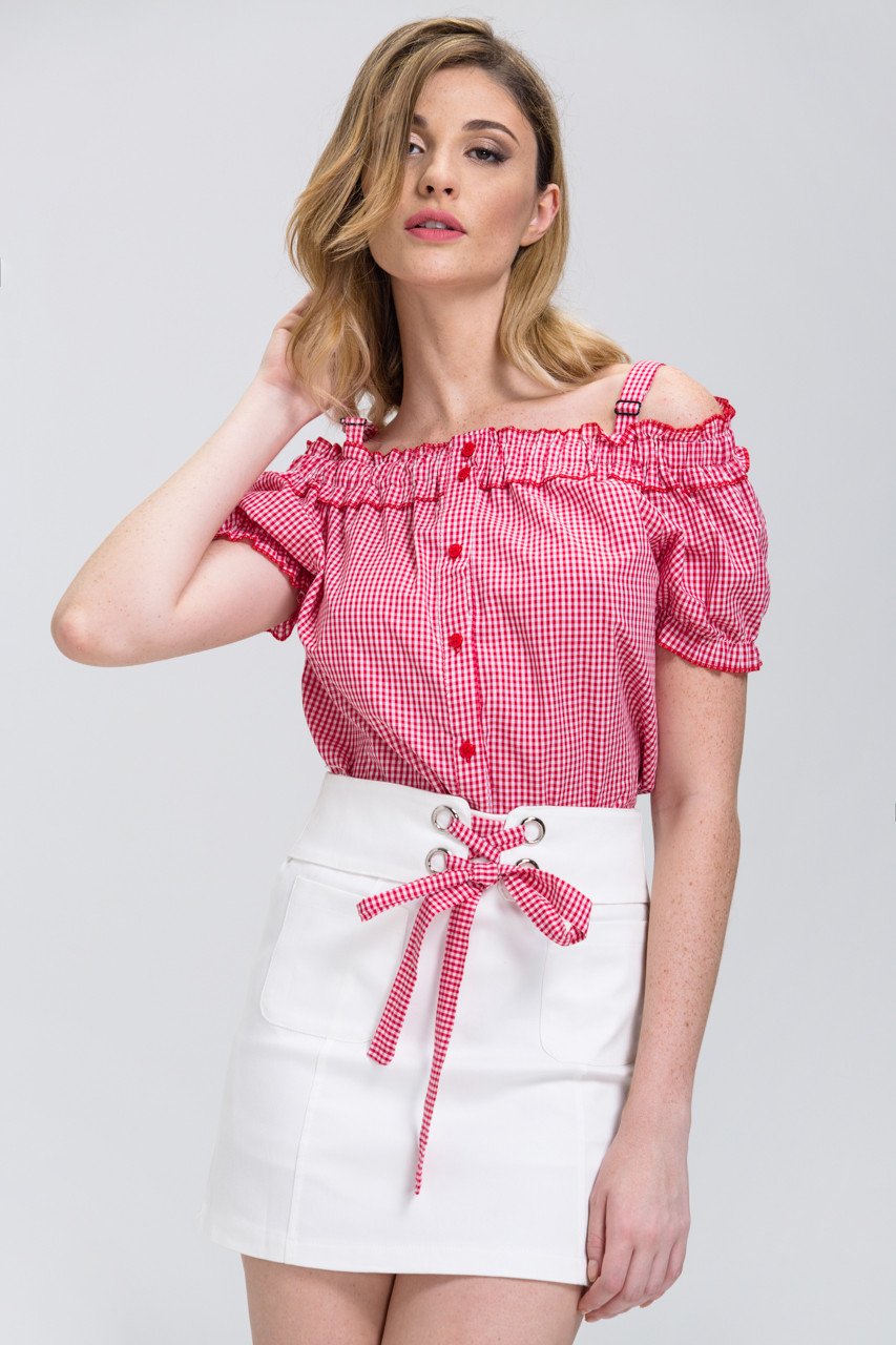 Red Gingham Button Up Top and White Skirt 2 piece set Set