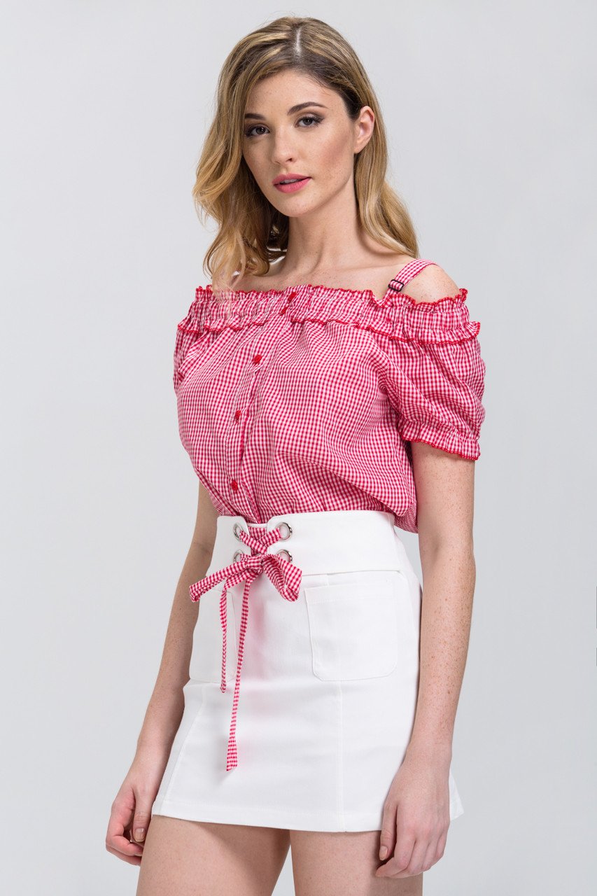 Red Gingham Button Up Top and White Skirt 2 piece set Set