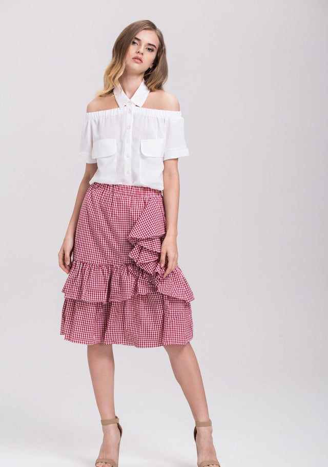 Red Ruffled Gingham Midi Skirt