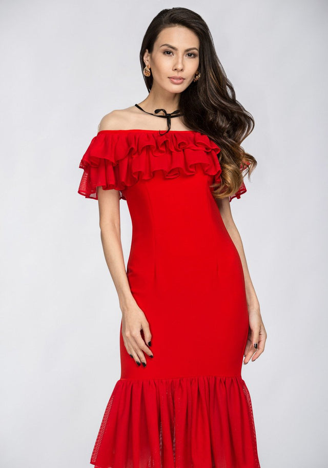 Red Yoke Mesh Ruffle Trumpet Midi Dress