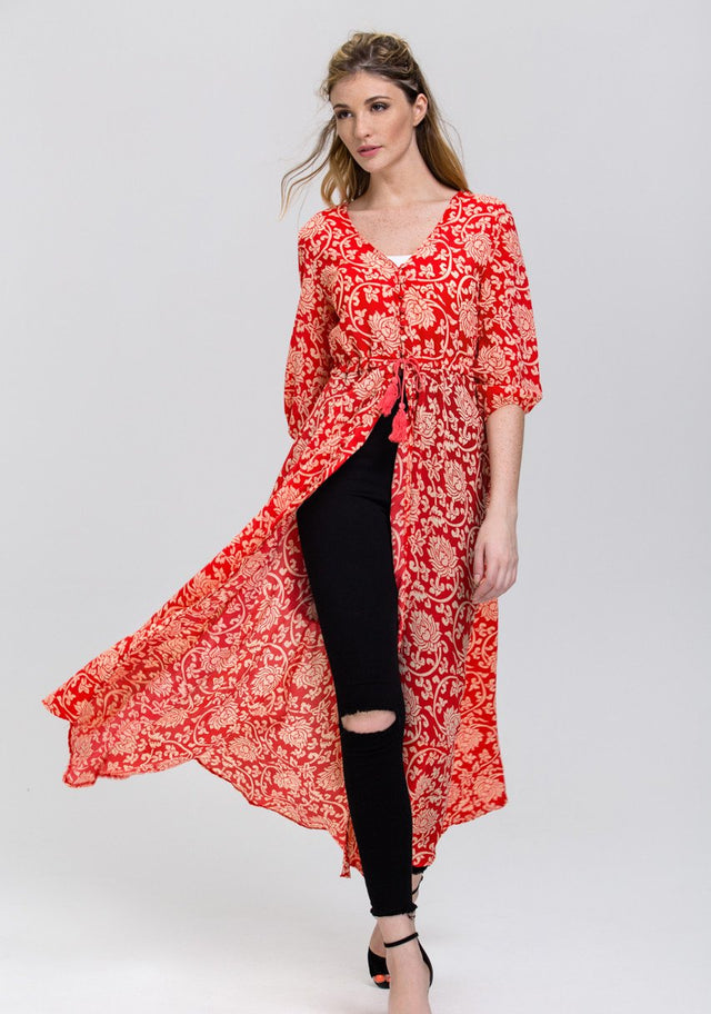Red floral print Sheer Button down Sleeved Maxi Top
