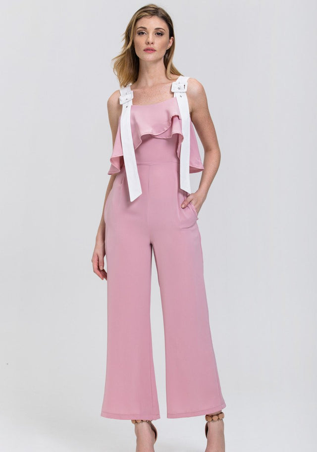 Rania Fawaz - Rose and White Belt Strap Off the Shoulder Jumpsuit
