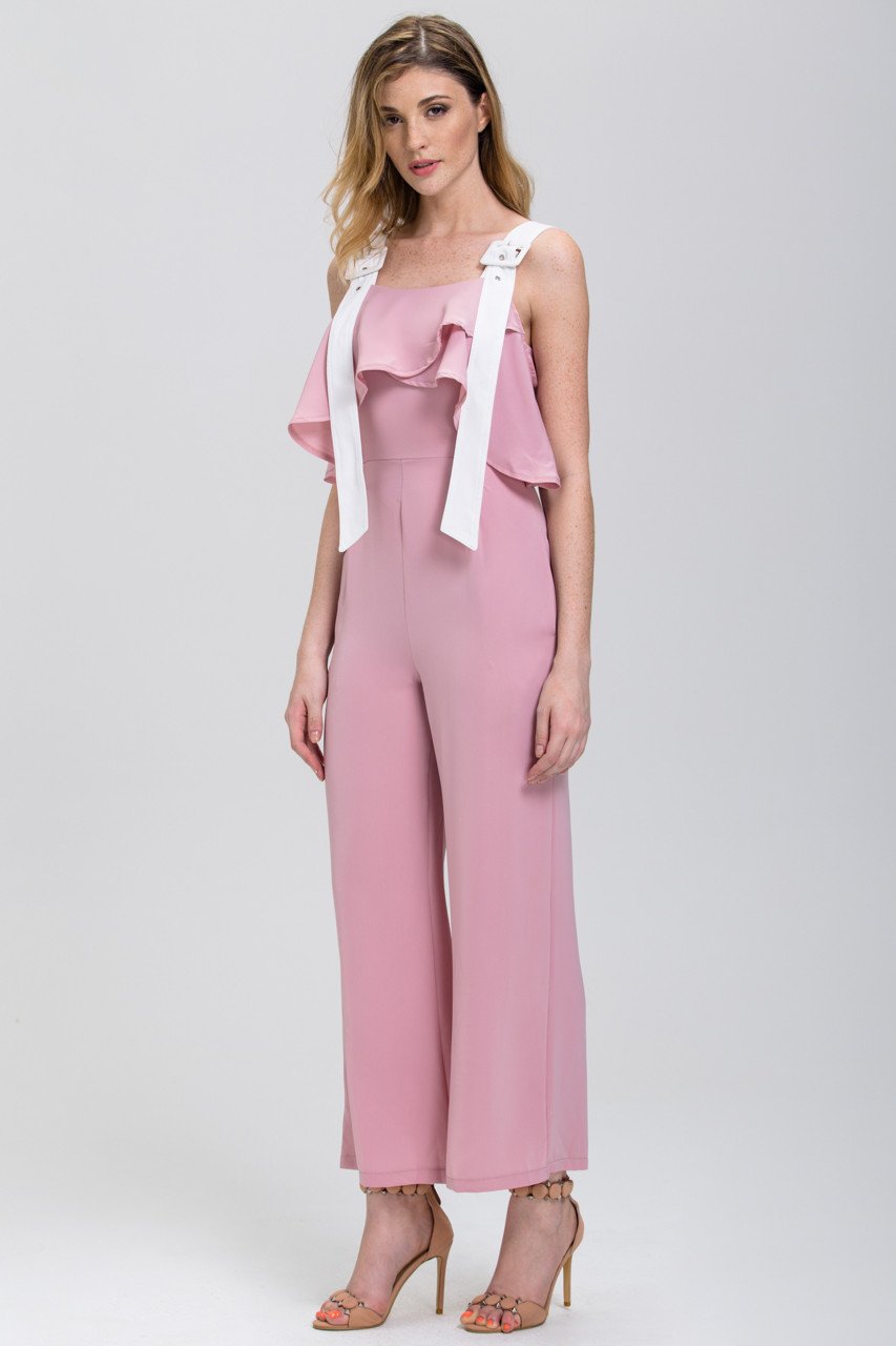 Rania Fawaz - Rose and White Belt Strap Off the Shoulder Jumpsuit