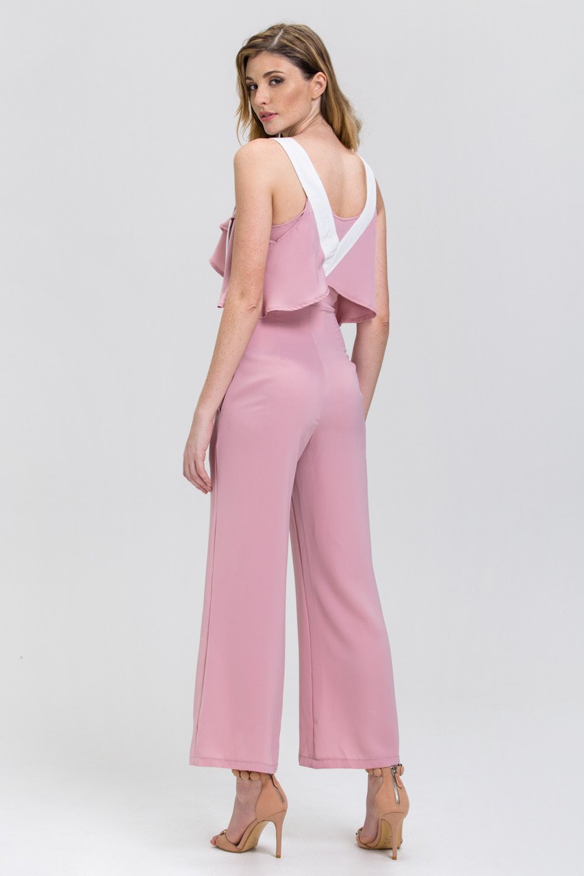 Rania Fawaz - Rose and White Belt Strap Off the Shoulder Jumpsuit