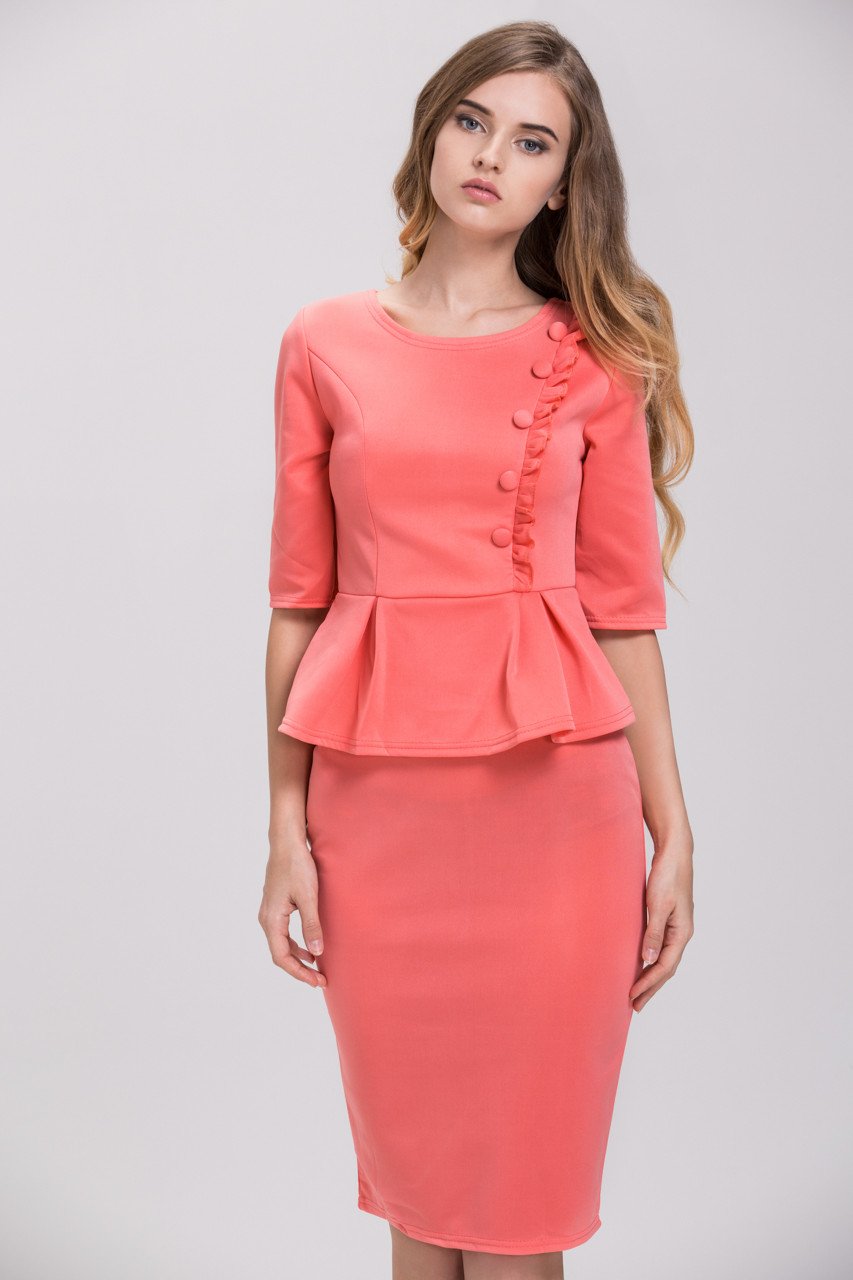 Salmon Side Button Peplum Pencil Dress
