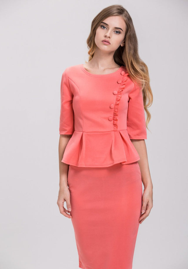 Salmon Side Button Peplum Pencil Dress