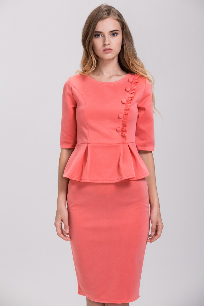 Salmon Side Button Peplum Pencil Dress