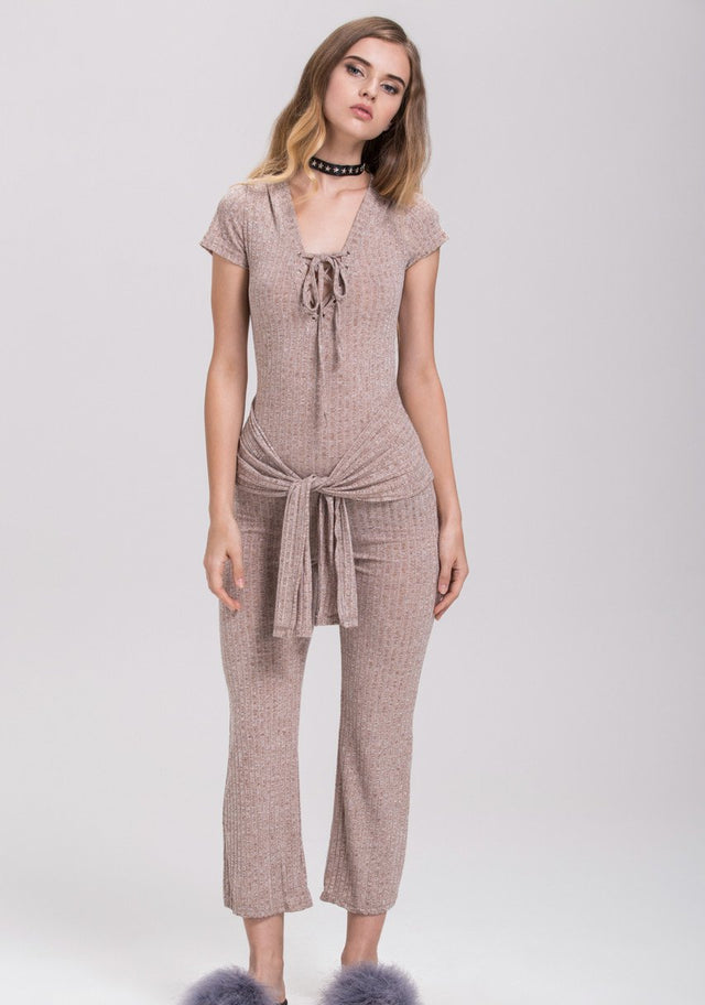 Rania Fawaz - Sand Deep V-neck Tie Waist Cotton Jumpsuit