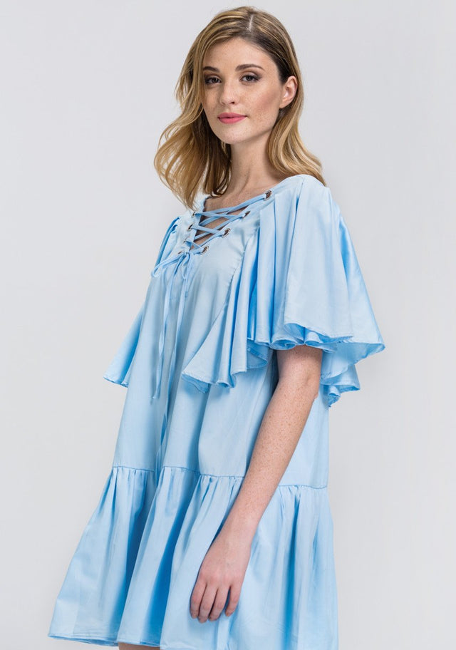 Sky Blue V-Lace Up Ruffled Tunic Mini Dress