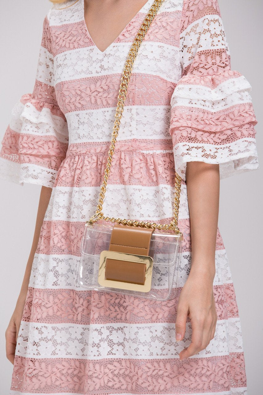 Striped Pink Lace Tiered Ruffle Sleeved Maxi Dress
