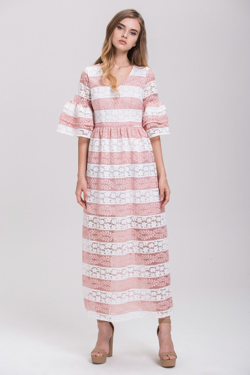 Striped Pink Lace Tiered Ruffle Sleeved Maxi Dress