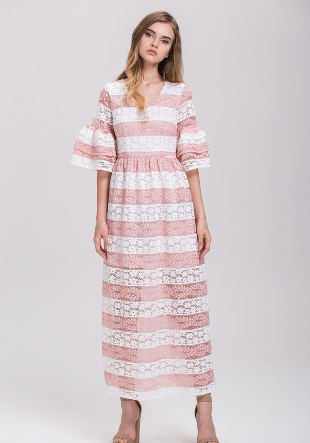 Striped Pink Lace Tiered Ruffle Sleeved Maxi Dress