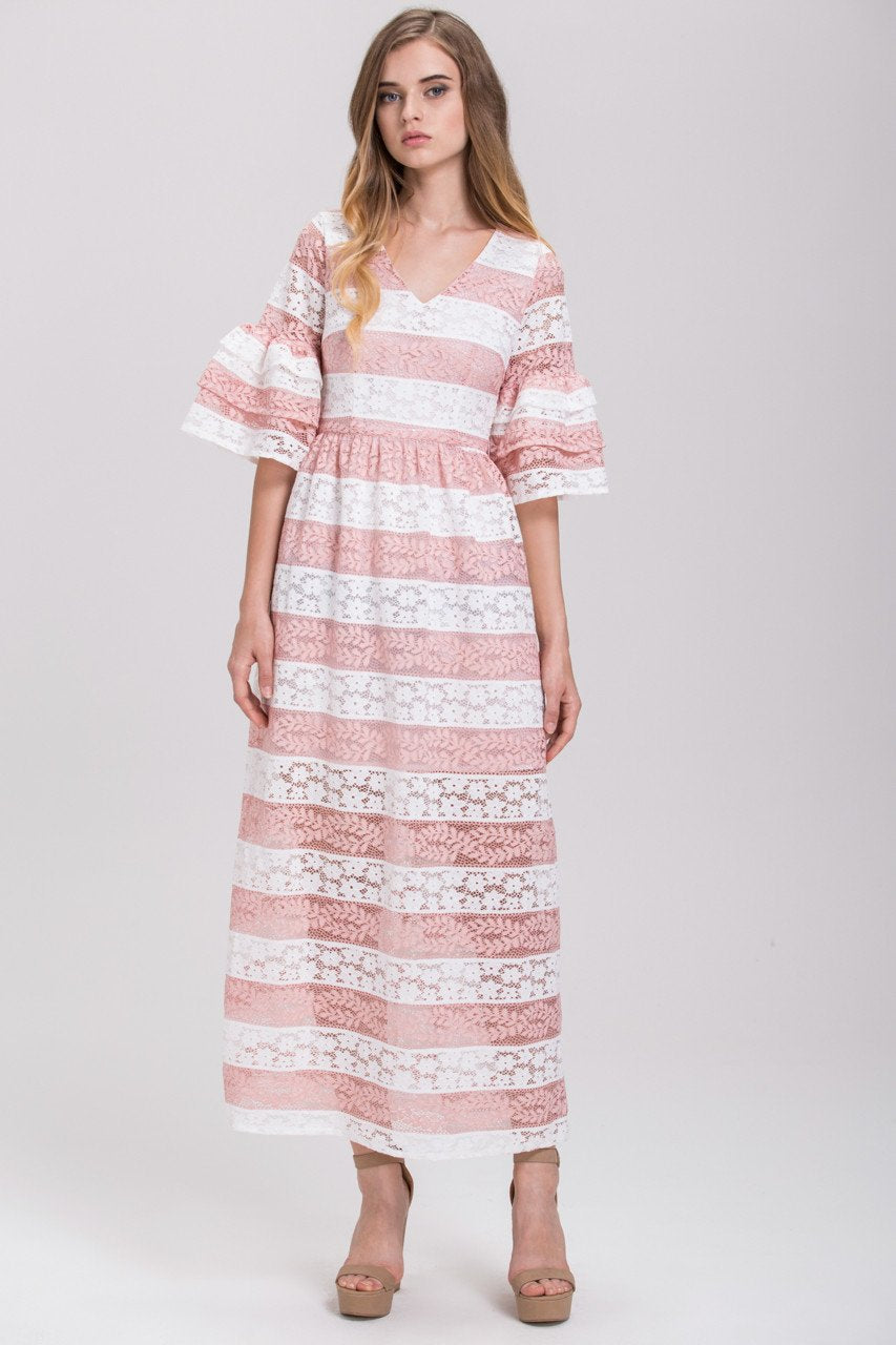 Striped Pink Lace Tiered Ruffle Sleeved Maxi Dress