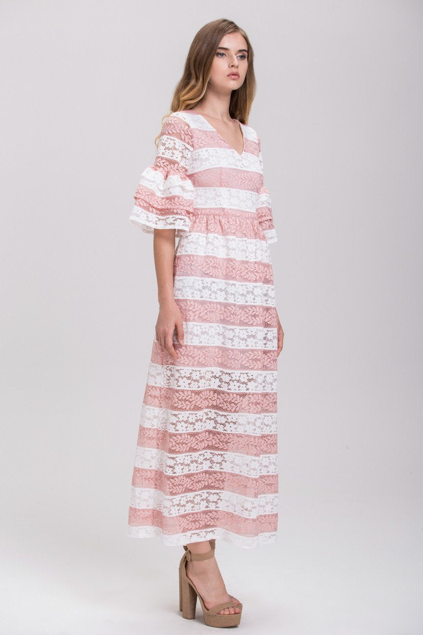 Striped Pink Lace Tiered Ruffle Sleeved Maxi Dress