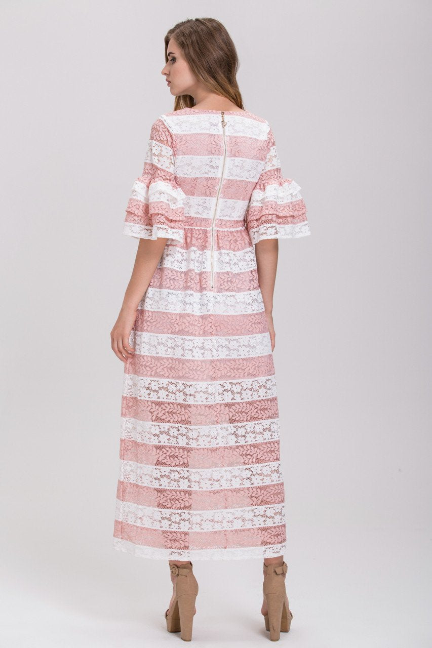 Striped Pink Lace Tiered Ruffle Sleeved Maxi Dress