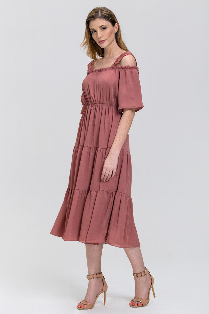 Rawan Bin Hussain - Terracotta Lace Strap Off the Shoulder Midi Dress