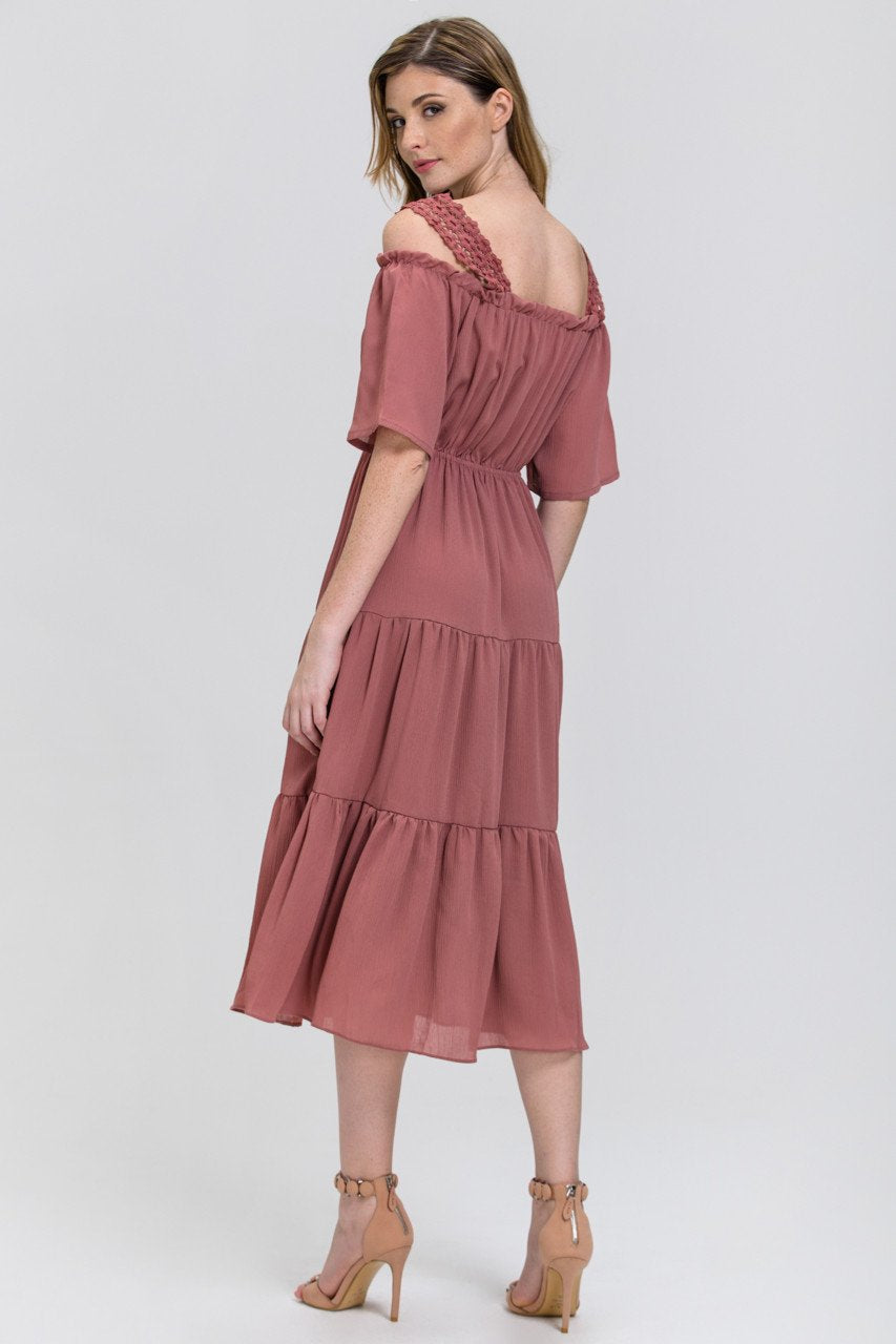 Rawan Bin Hussain - Terracotta Lace Strap Off the Shoulder Midi Dress