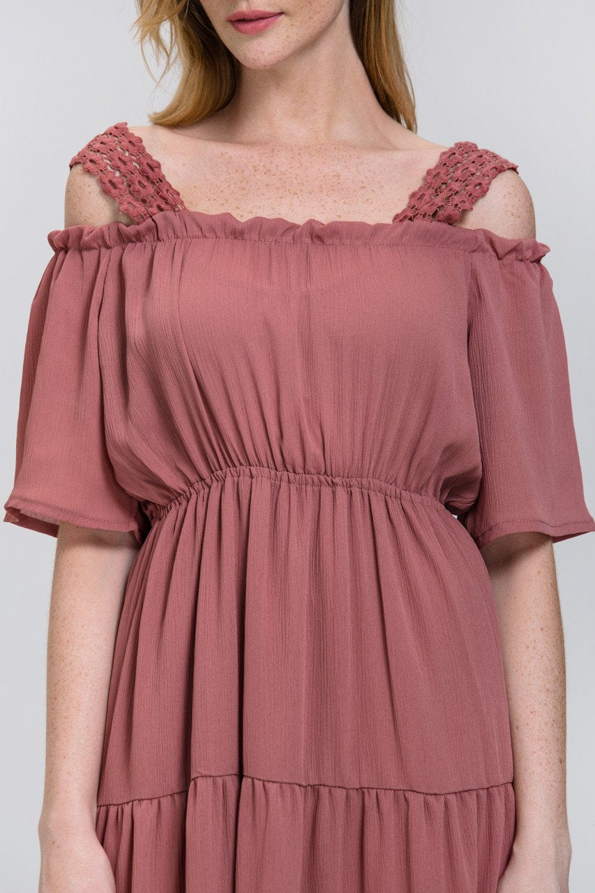 Rawan Bin Hussain - Terracotta Lace Strap Off the Shoulder Midi Dress