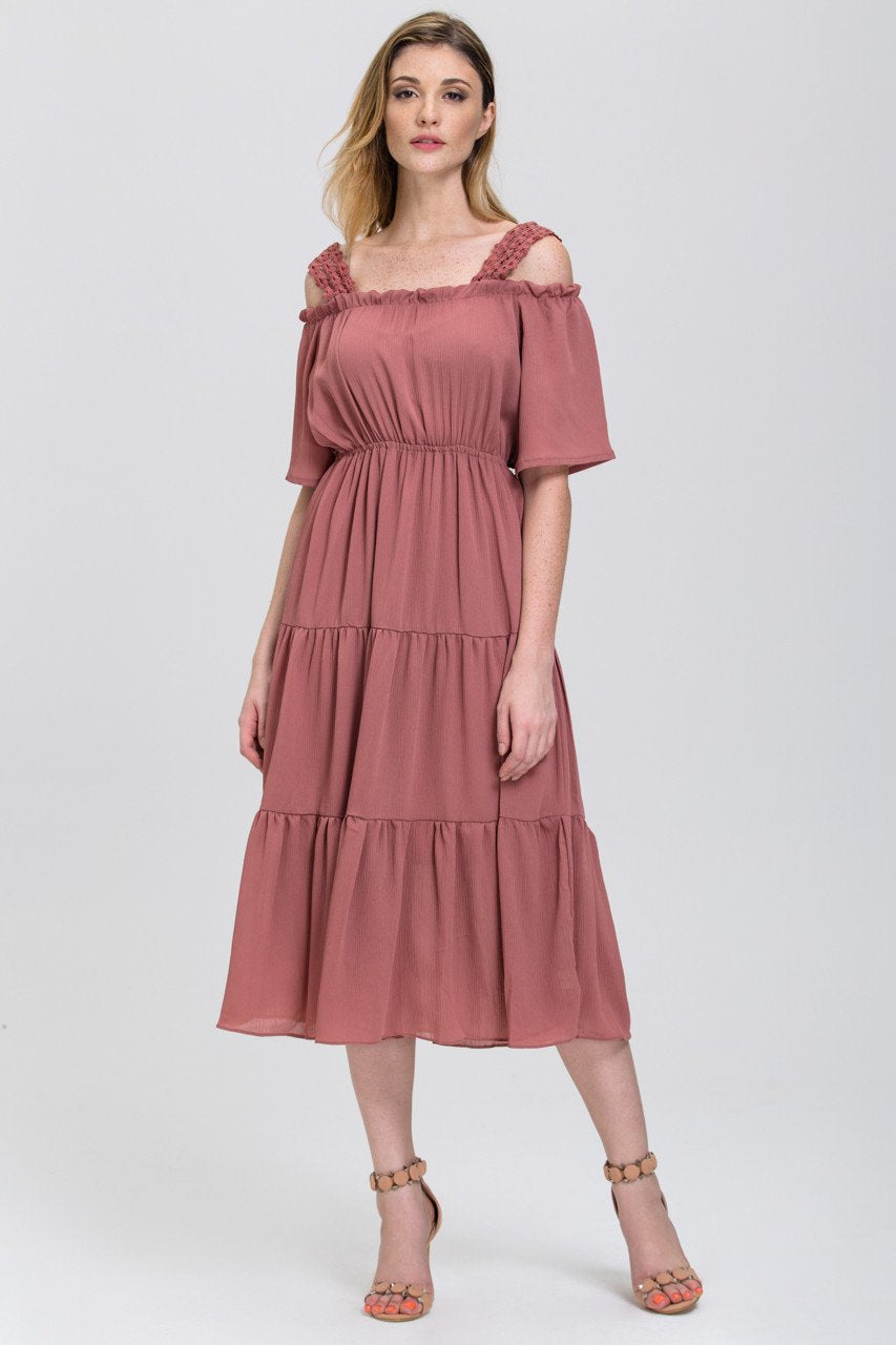 Rawan Bin Hussain - Terracotta Lace Strap Off the Shoulder Midi Dress