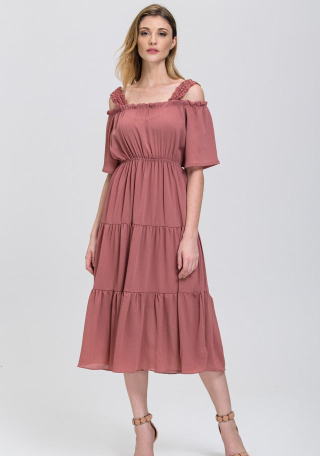 Rawan Bin Hussain - Terracotta Lace Strap Off the Shoulder Midi Dress