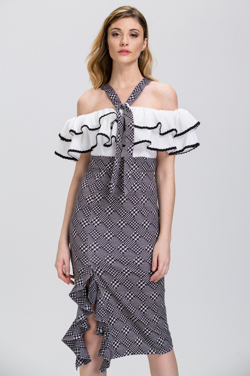 The Real Fouz - Houndstooth Ruffled Off the Shoulder Pencil Midi Dress