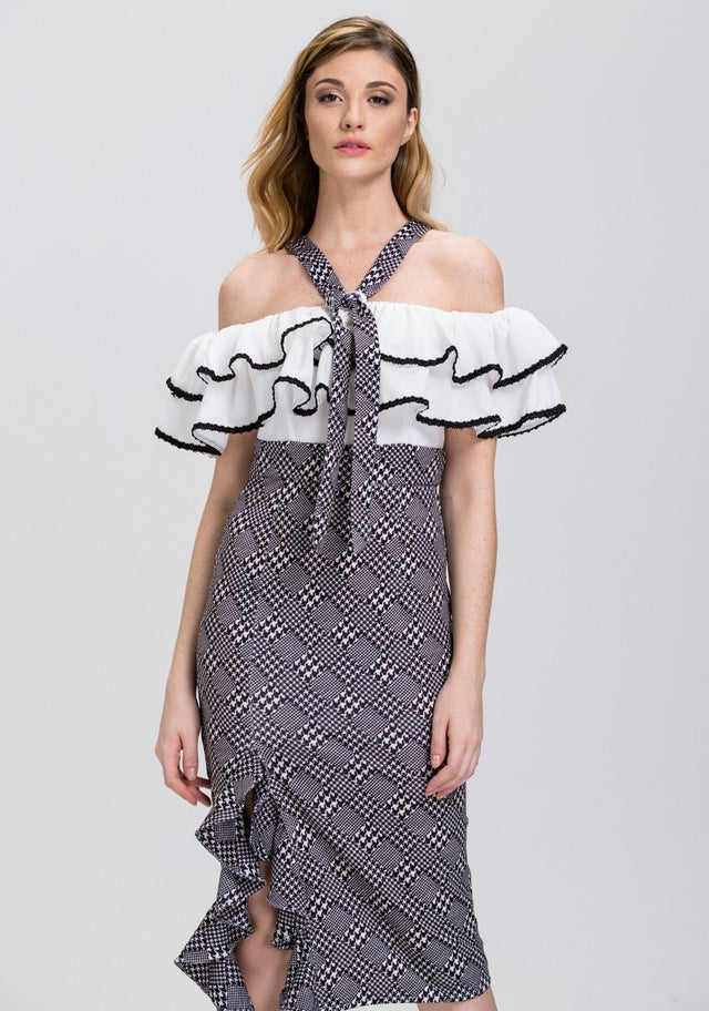 The Real Fouz - Houndstooth Ruffled Off the Shoulder Pencil Midi Dress
