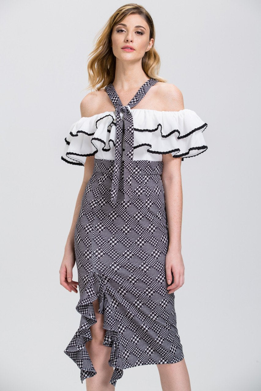 The Real Fouz - Houndstooth Ruffled Off the Shoulder Pencil Midi Dress