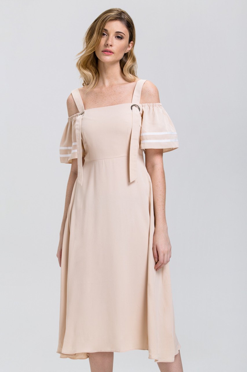 The Real Fouz - Nude Ring Strap off the Shoulder Midi Dress