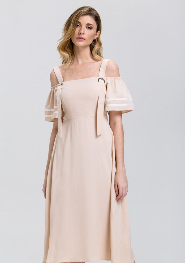 The Real Fouz - Nude Ring Strap off the Shoulder Midi Dress
