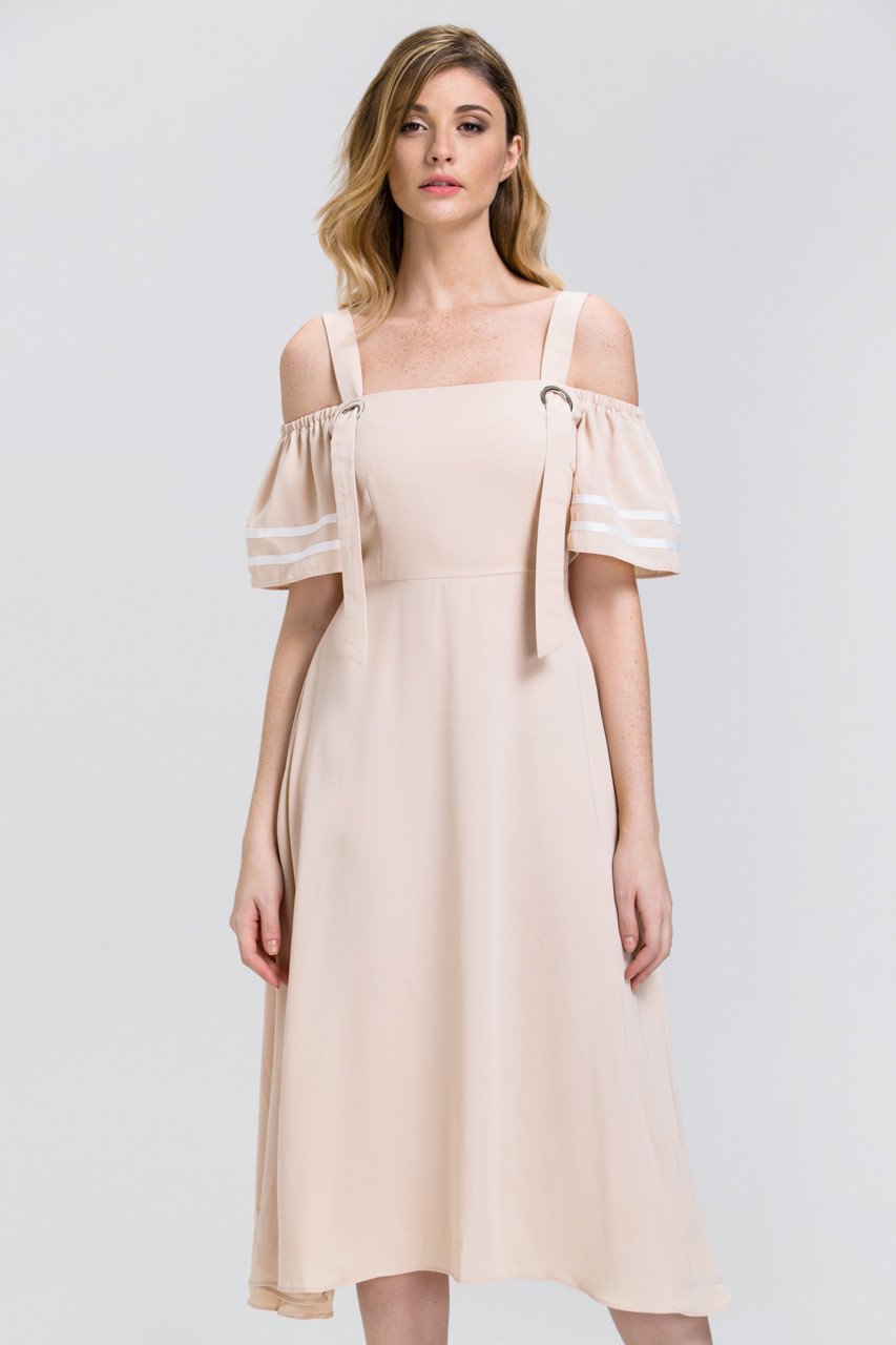 The Real Fouz - Nude Ring Strap off the Shoulder Midi Dress