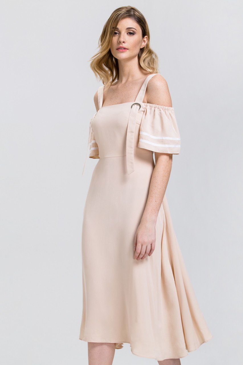 The Real Fouz - Nude Ring Strap off the Shoulder Midi Dress