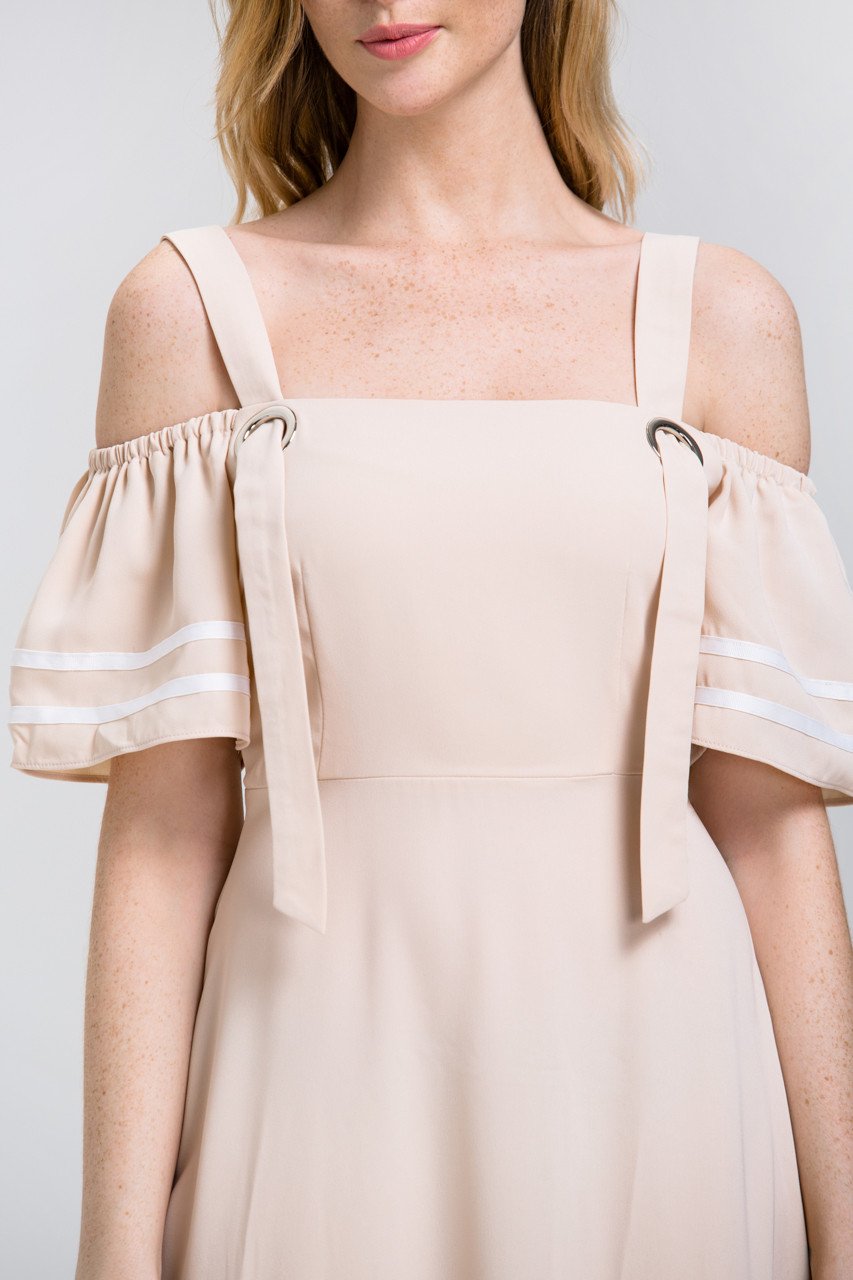 The Real Fouz - Nude Ring Strap off the Shoulder Midi Dress