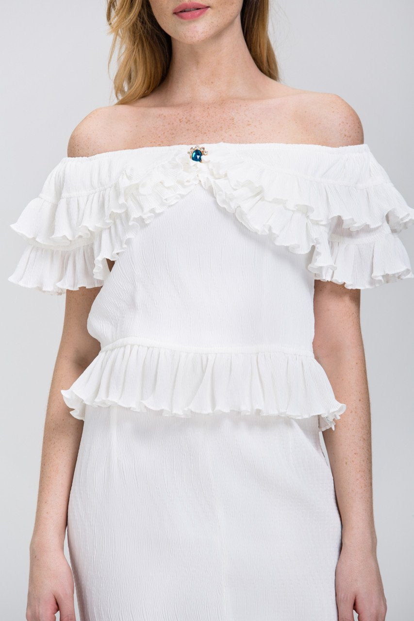 The Real Fouz - White Ruffled Crepe Off the Shoulder Two-piece Midi Dress