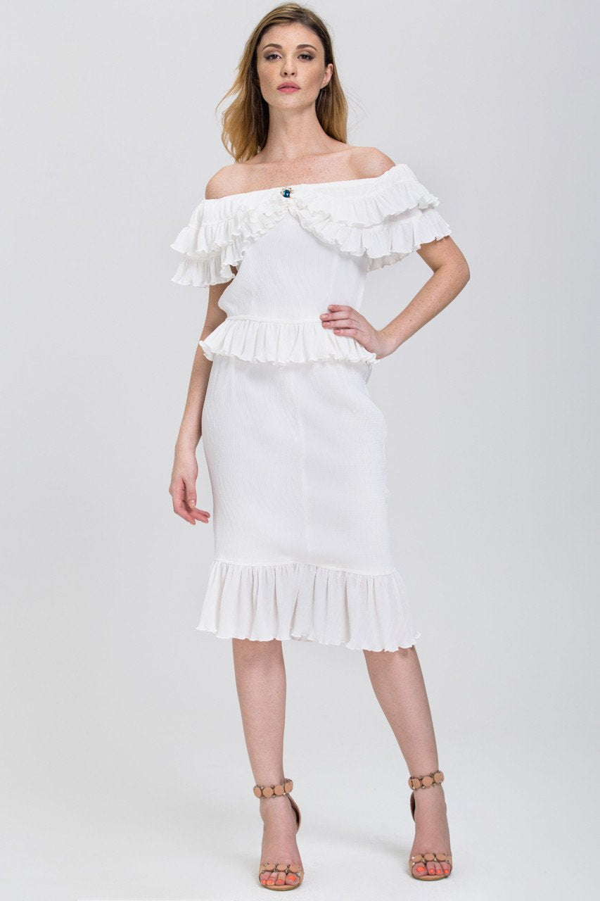 The Real Fouz - White Ruffled Crepe Off the Shoulder Two-piece Midi Dress