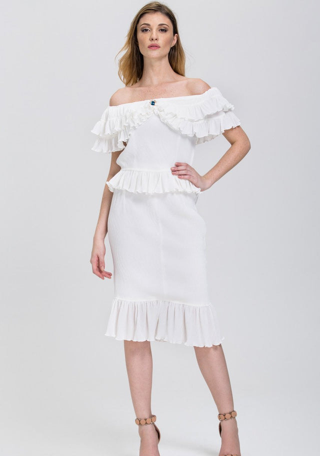 The Real Fouz - White Ruffled Crepe Off the Shoulder Two-piece Midi Dress