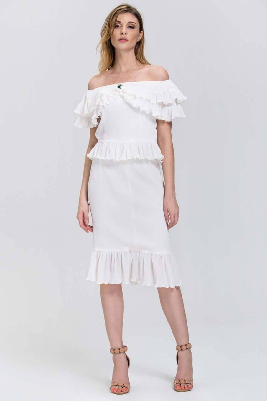The Real Fouz - White Ruffled Crepe Off the Shoulder Two-piece Midi Dress