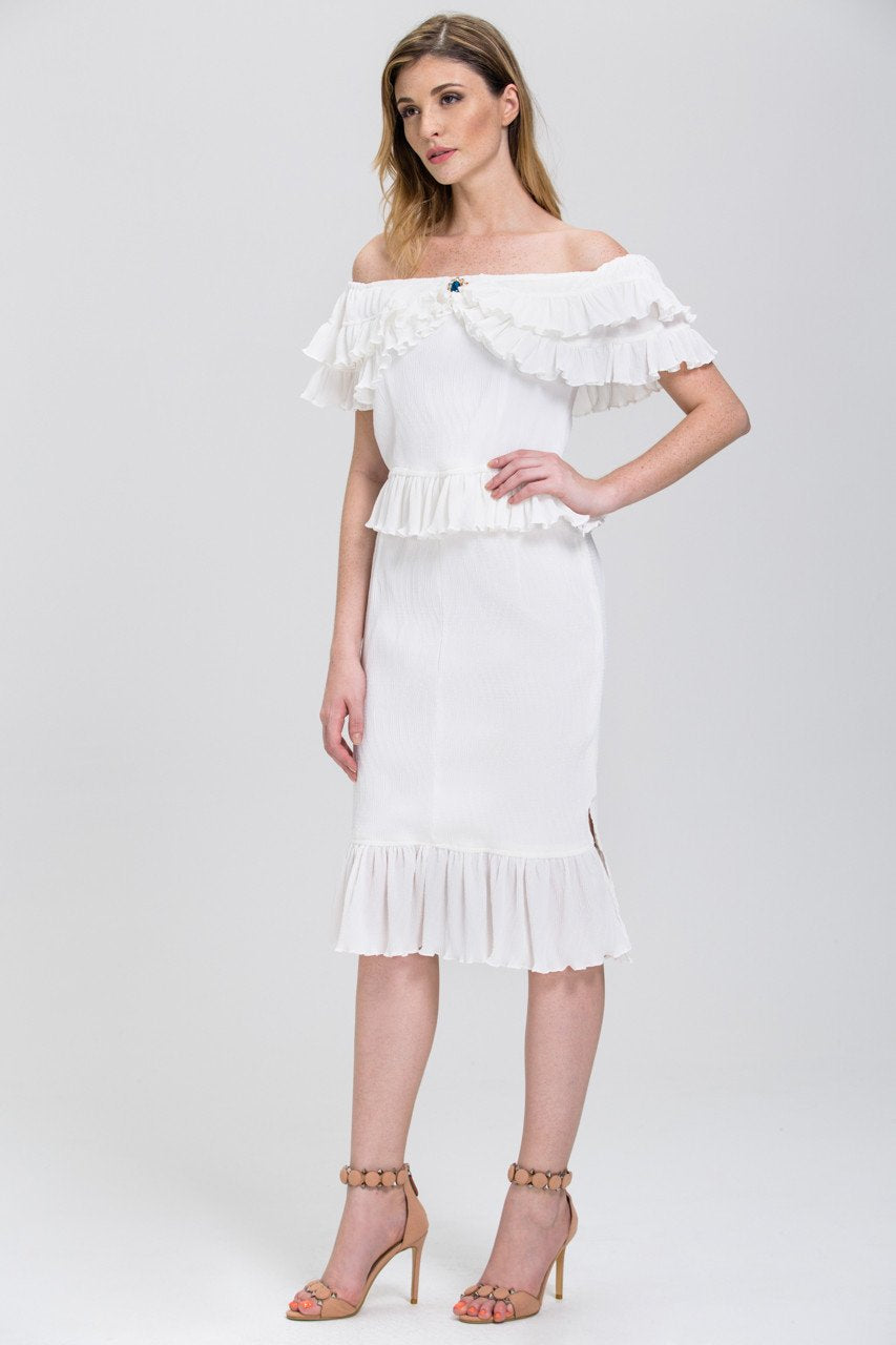 The Real Fouz - White Ruffled Crepe Off the Shoulder Two-piece Midi Dress