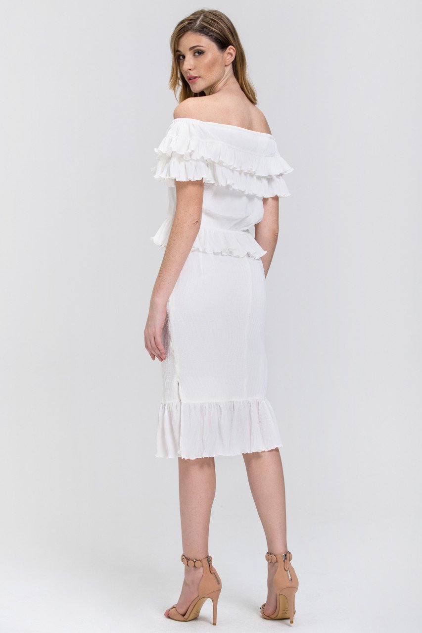 The Real Fouz - White Ruffled Crepe Off the Shoulder Two-piece Midi Dress