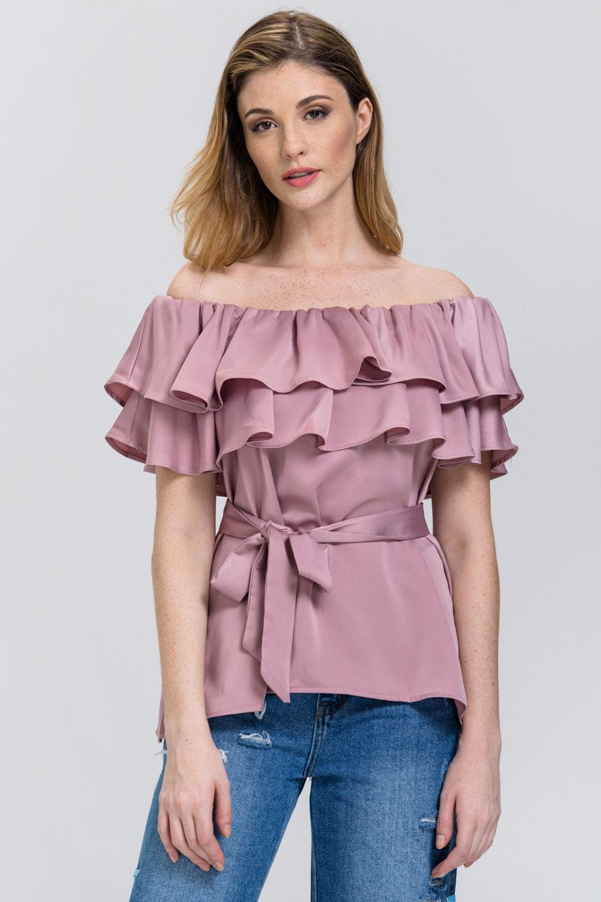 The Real Fouz - Old Rose Satin Tiered Ruffle Off the Shoulder Top