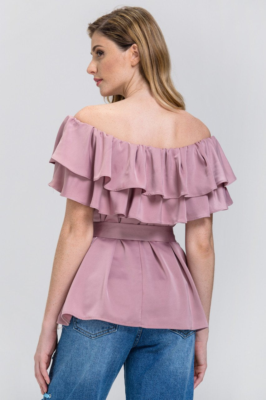 The Real Fouz - Old Rose Satin Tiered Ruffle Off the Shoulder Top