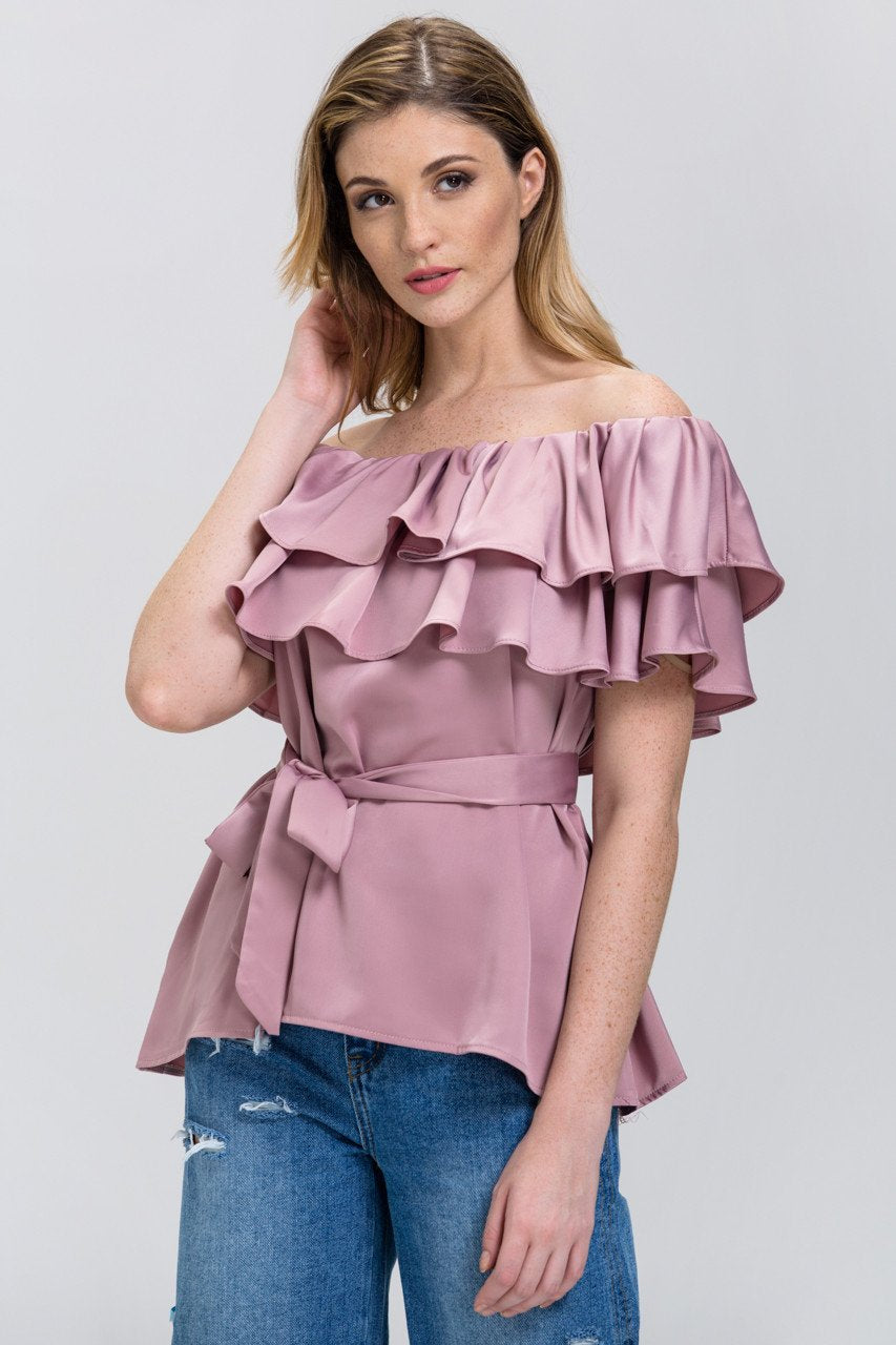 The Real Fouz - Old Rose Satin Tiered Ruffle Off the Shoulder Top