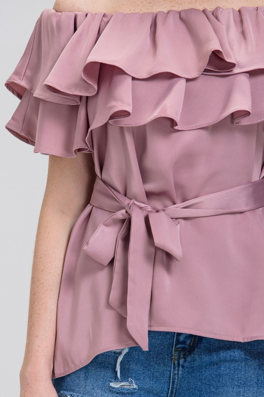 The Real Fouz - Old Rose Satin Tiered Ruffle Off the Shoulder Top