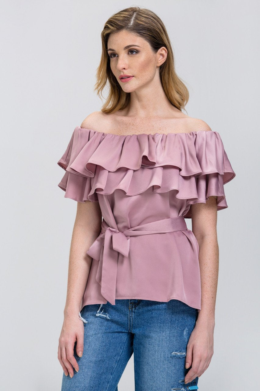 The Real Fouz - Old Rose Satin Tiered Ruffle Off the Shoulder Top