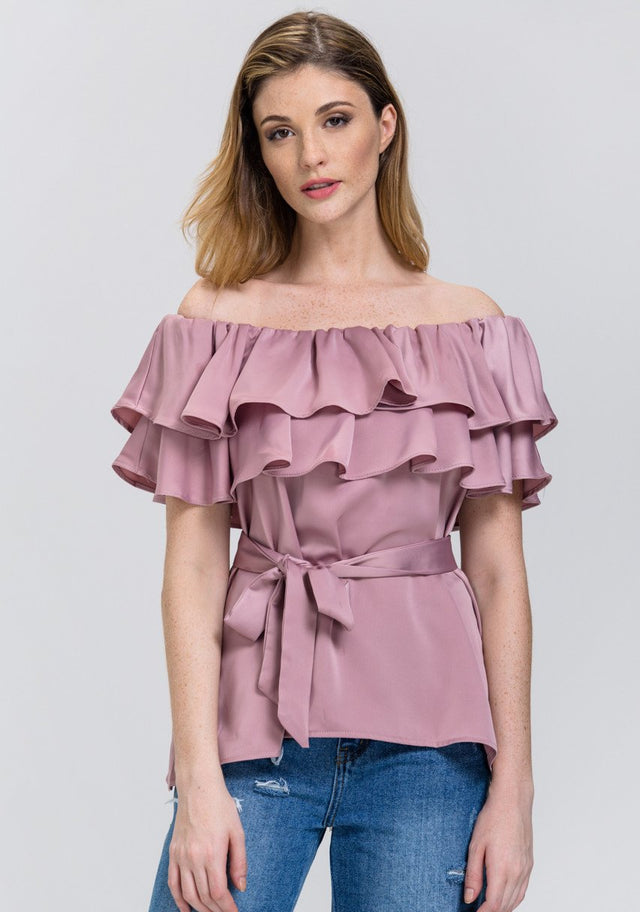 The Real Fouz - Old Rose Satin Tiered Ruffle Off the Shoulder Top