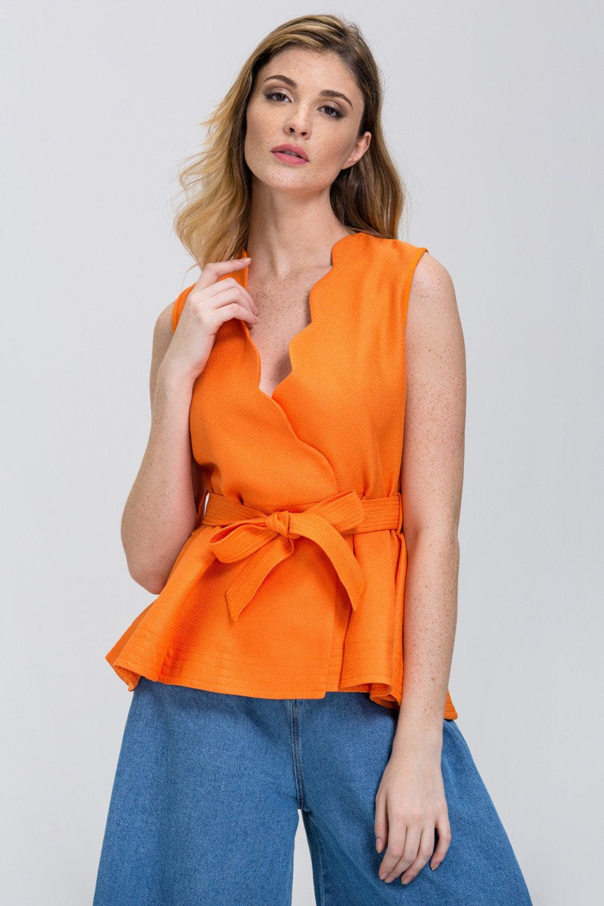 The Real Fouz - Orange Scalloped Overlap Peplum Top
