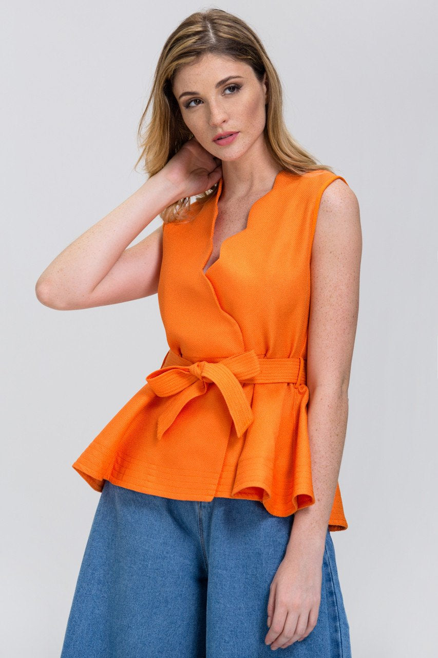 The Real Fouz - Orange Scalloped Overlap Peplum Top