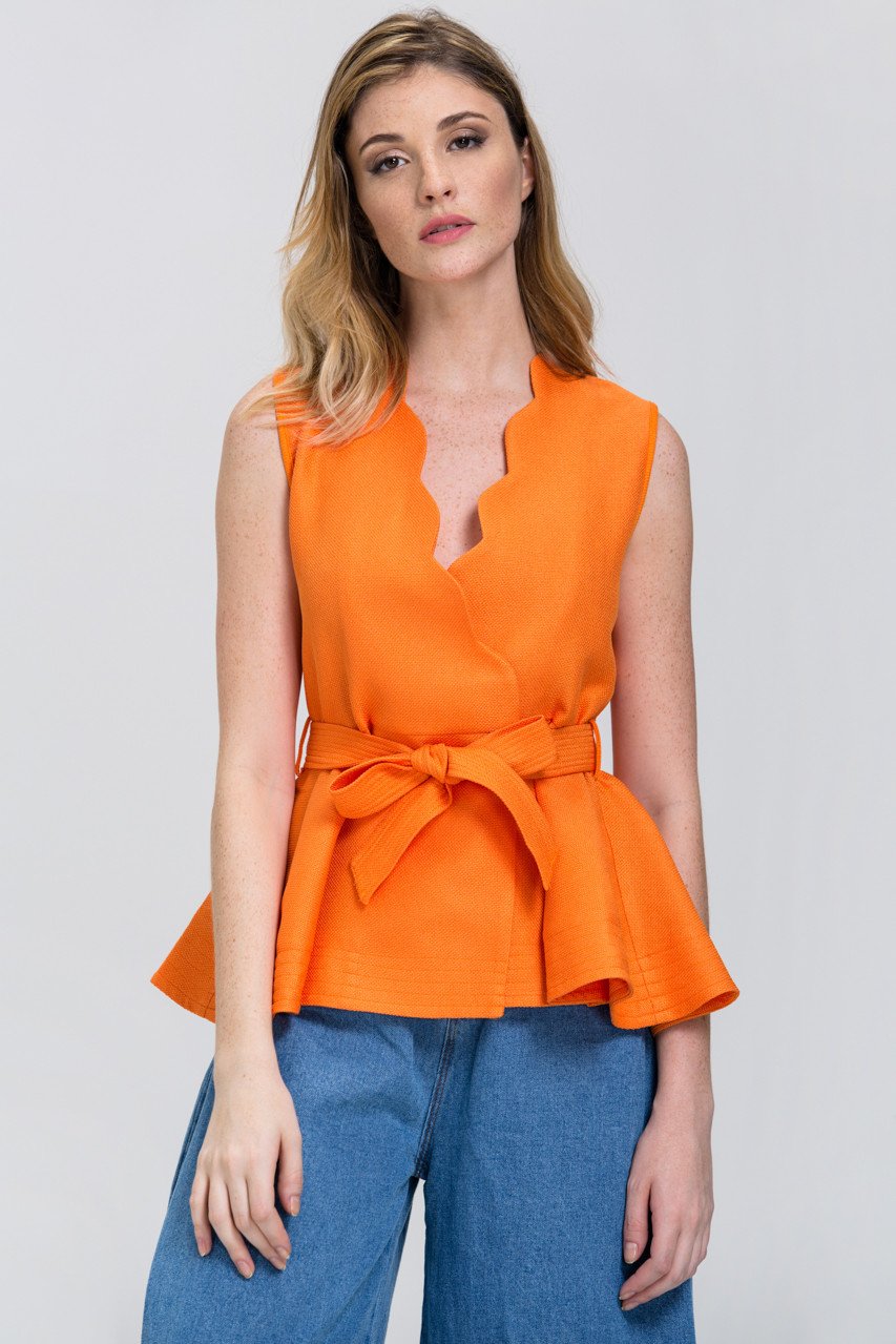The Real Fouz - Orange Scalloped Overlap Peplum Top