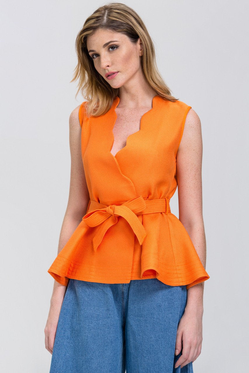 The Real Fouz - Orange Scalloped Overlap Peplum Top